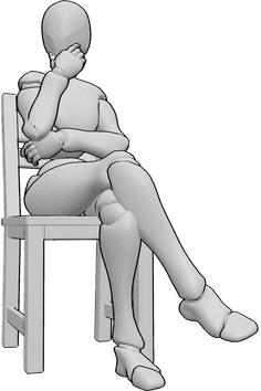 Pose Reference- Sitting holding chin pose - Female is sitting on a chair and holding her chin with her right hand