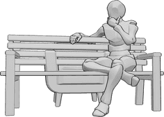 Pose Reference- Sitting thinking pose - Male is sitting on the bench with his legs crossed and holding his chin, male holding chin pose