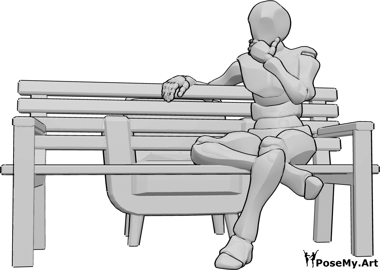 Pose Reference- Sitting thinking pose - Male is sitting on the bench with his legs crossed and holding his chin, male holding chin pose