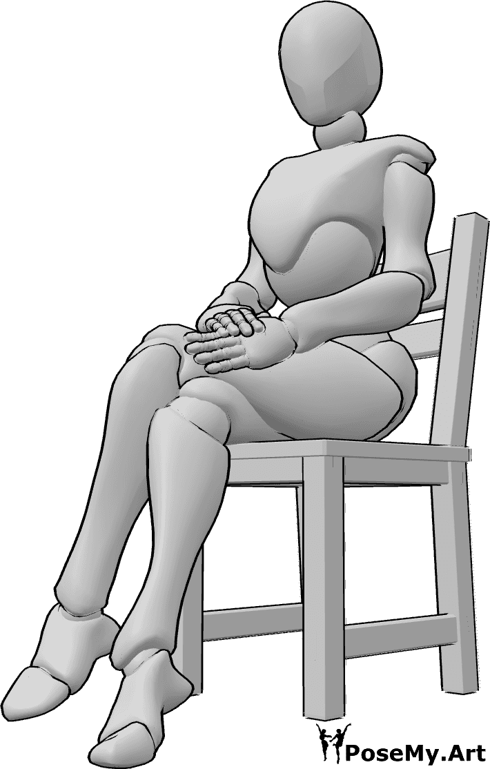 Référence des poses- Pose assise gracieuse - Femme assise gracieusement sur une chaise, croisant les jambes, pose assise gracieuse avec les jambes croisées.