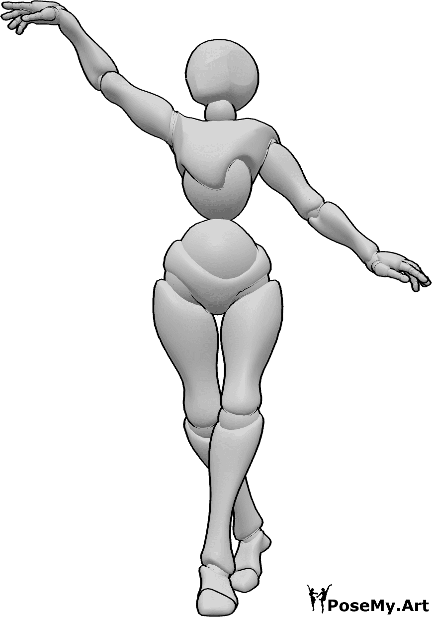 Referência de poses- Pose de dança graciosa - A mulher está a dançar graciosamente, levantando a mão, olhando para a direita, cruzando as pernas