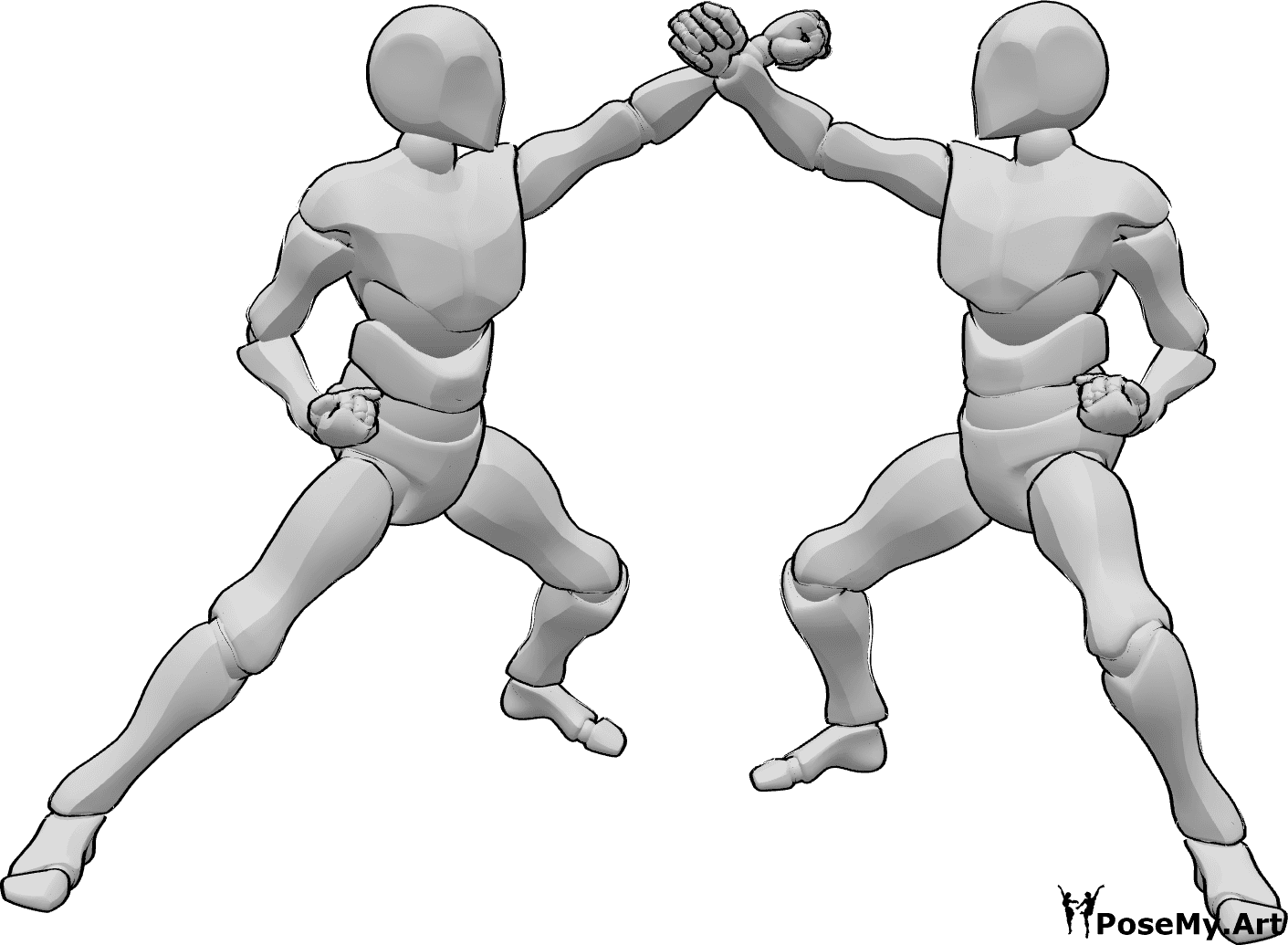 Referência de poses- Dois homens em pose de karaté - Dois homens estão a lutar em pose de karaté