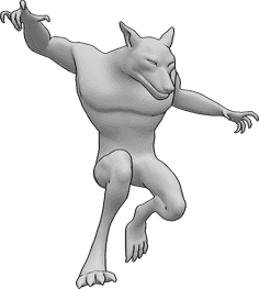 Référence des poses- Loup-garou sautant pose d'attaque - Le loup-garou saute haut, attaque, sort ses griffes, pose de combat.