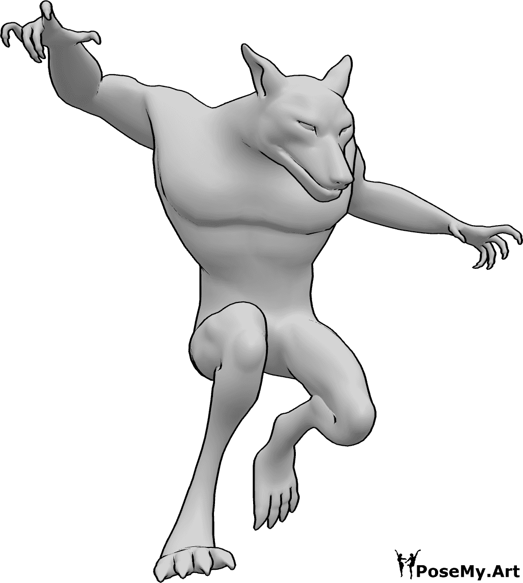 Référence des poses- Loup-garou sautant pose d'attaque - Le loup-garou saute haut, attaque, sort ses griffes, pose de combat.