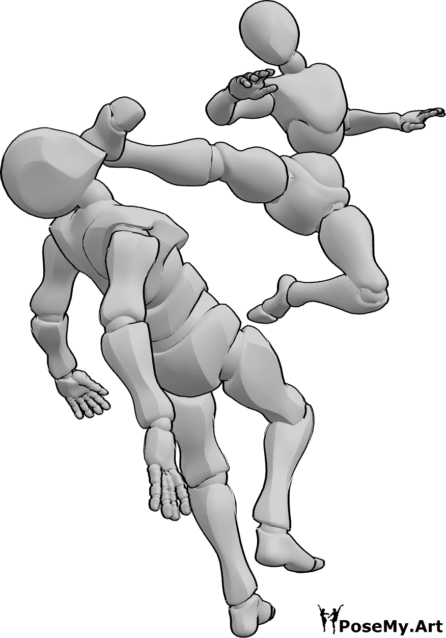 Pose Reference- Female knock out pose - Female knocks the male out with a side kick, female and male fighting pose