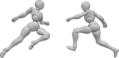 Pose Reference- Females fighting pose - Two females are running towards each other and jumping to collide, female fighting action pose