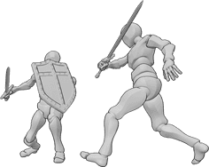 Referencia de poses- Postura de combate con espada - Dos hombres están luchando con espadas, sosteniendo escudo medieval, fightin pose de acción