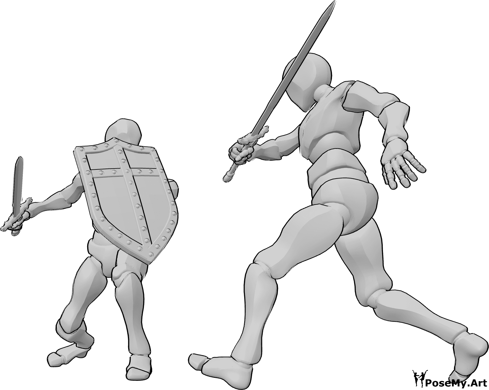 Referência de poses- Pose de ação de combate com espada - Dois homens lutam com espadas, segurando um escudo medieval, numa pose de ação de combate