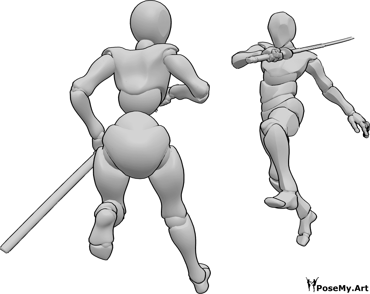 Pose Reference- Katana fighting action pose - Female and male are fighting, holding katana jumping action pose