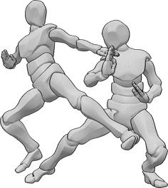 Referencia de poses- Postura de combate de kárate - Dos varones están luchando karate, varón karate lucha acción pose