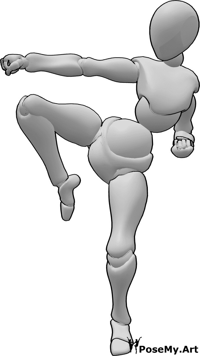Posen-Referenz- Weibliche Karate-Pose - Frau mit ihrem rechten Bein in der Luft Karate-Pose