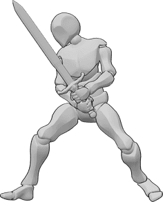 Référence des poses- Homme tenant une épée pose - L'homme tient l'épée à deux mains et s'apprête à attaquer.