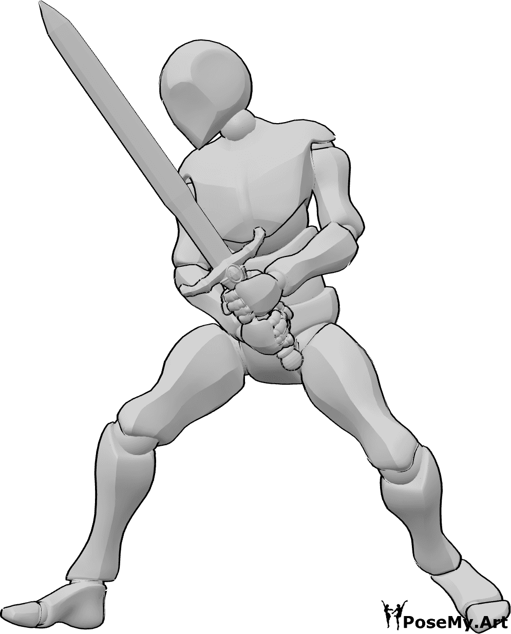 Référence des poses- Homme tenant une épée pose - L'homme tient l'épée à deux mains et s'apprête à attaquer.