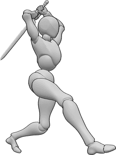 Référence des poses- Femme posant l'épée - La femme tient une épée à deux mains et la balance vers l'arrière pour attaquer.