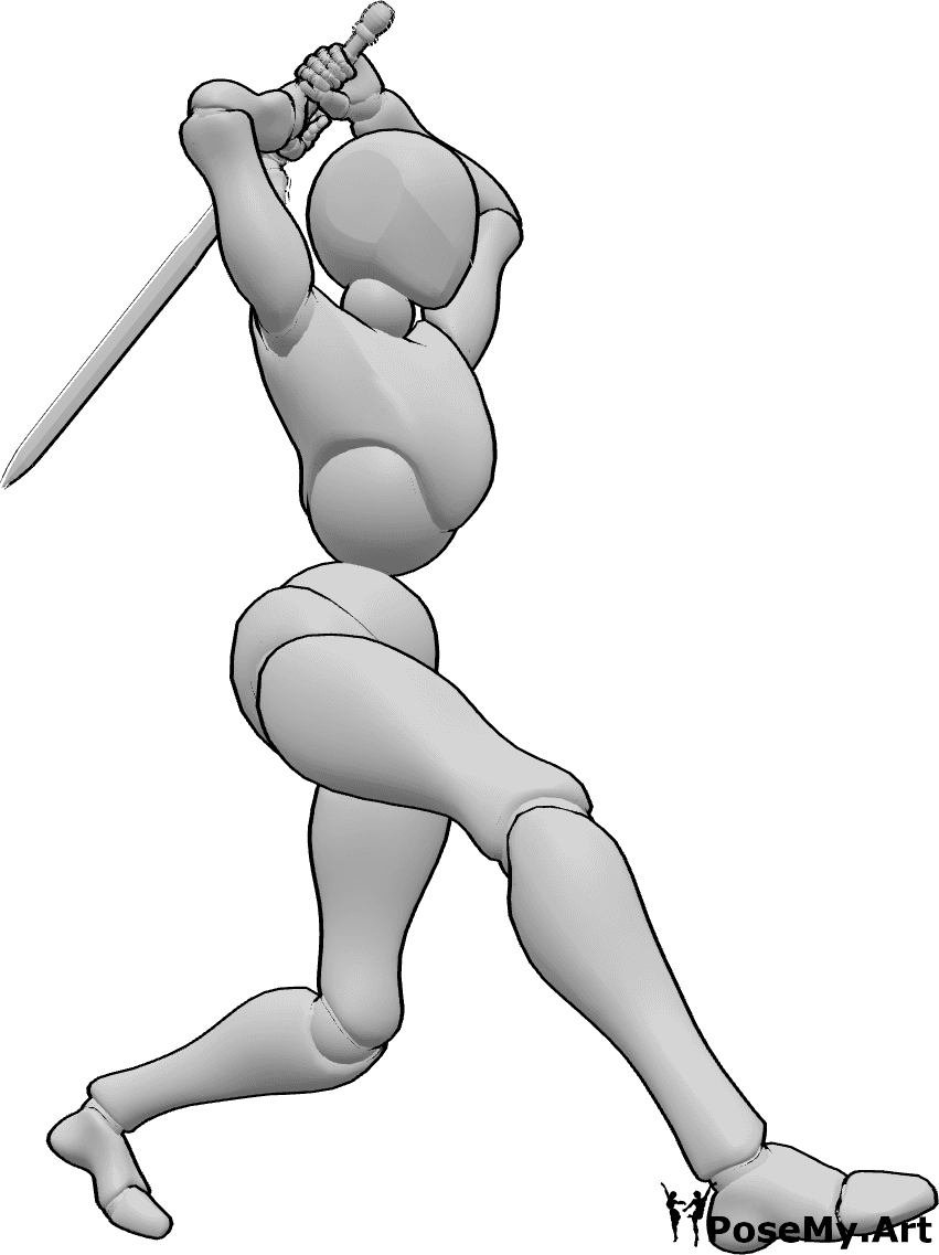 Pose Reference- Female swinging sword pose - Female is holding a sword with both hands and swinging it backwards to attack