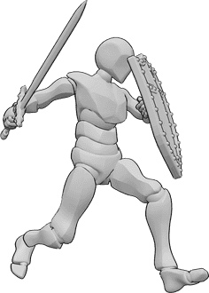 Referência de poses- Homem a correr em pose de ataque - Homem a correr, segurando uma espada e um escudo, pose de ataque com espada