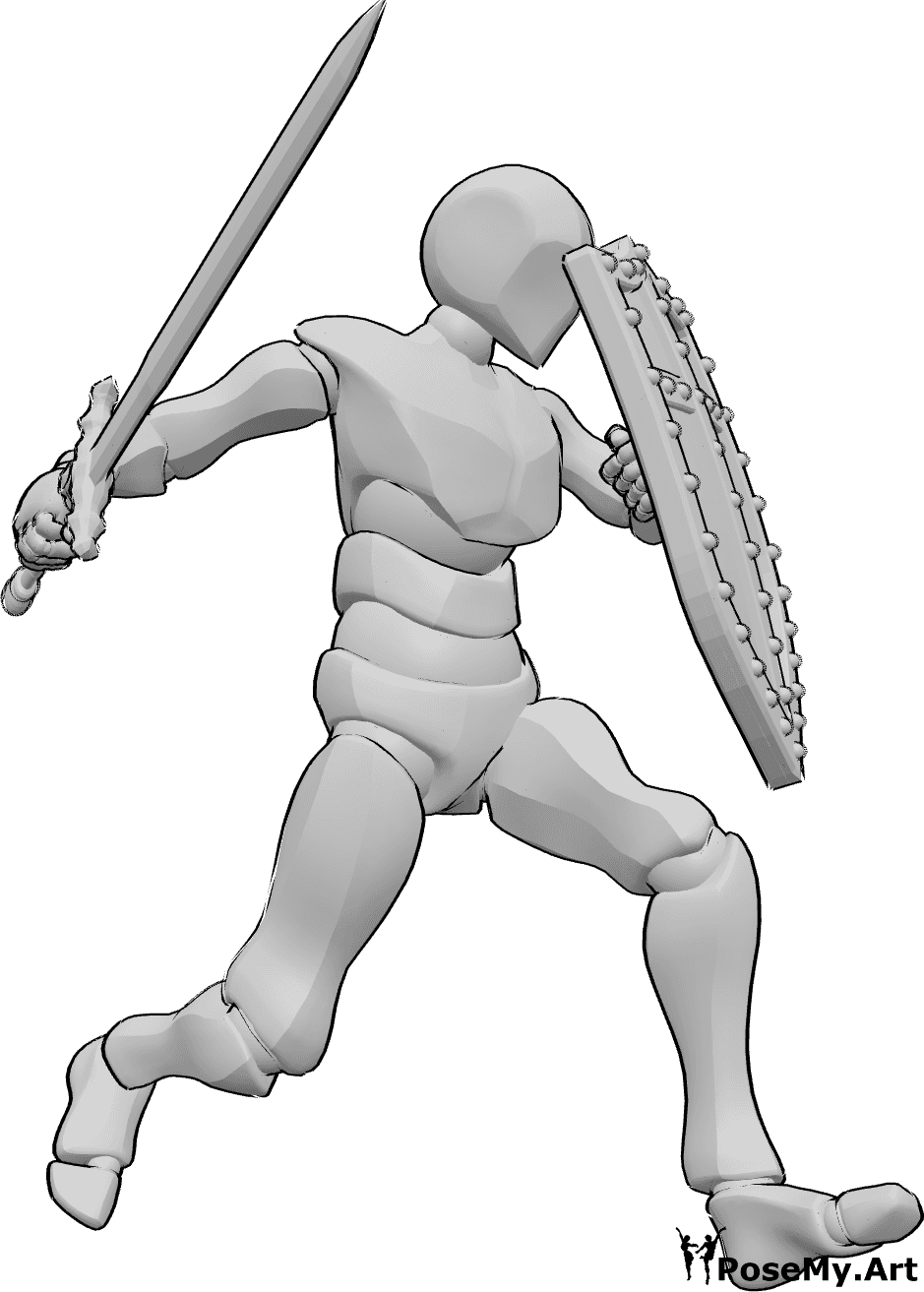 Referência de poses- Homem a correr em pose de ataque - Homem a correr, segurando uma espada e um escudo, pose de ataque com espada