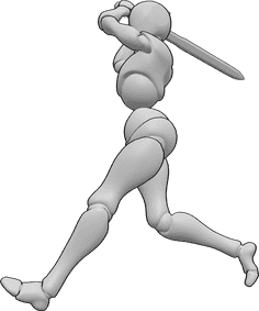 Référence des poses- Femme en train de courir, pose d'attaque - Femme courant et brandissant son épée pour attaquer, pose de l'attaque de l'épée par une femme