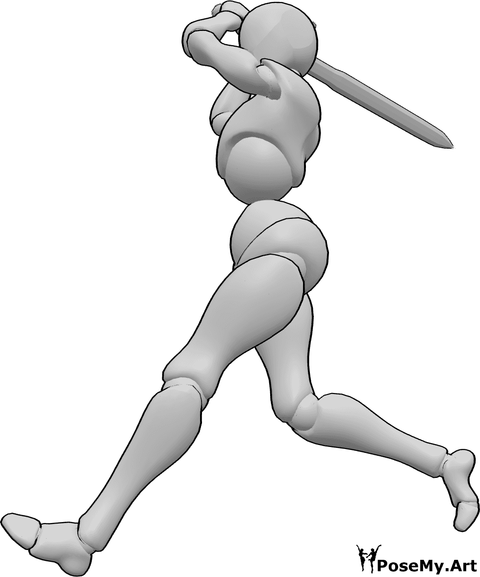 Referência de poses- Pose de ataque de corrida feminina - Mulher a correr e a brandir a espada para atacar, pose de ataque de espada feminina