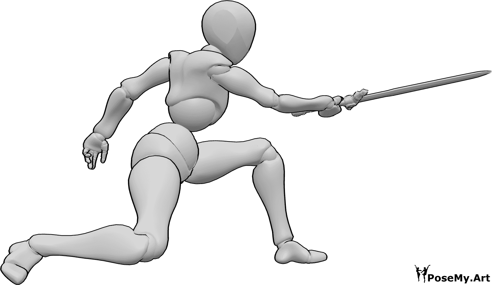 Référence des poses- Pose de l'attaque de l'épée par la femme - Femme tenant une épée dans sa main droite et attaquant, pose d'attaque d'épée féminine