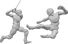 Pose Reference- Male katana attack pose - Two males are fighting, one of them attacks the other with a katana