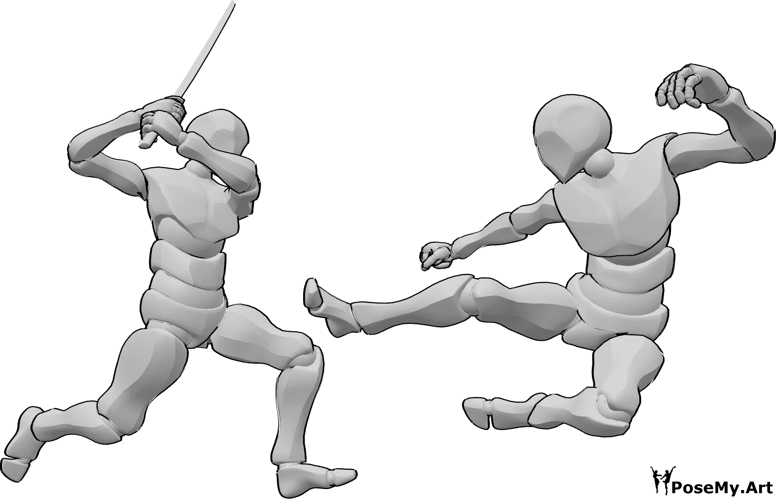 Référence des poses- Pose d'attaque au katana pour un homme - Deux hommes se battent, l'un d'eux attaque l'autre avec un katana.