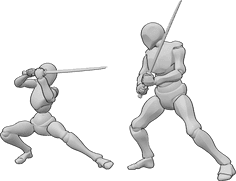 Referencia de poses- Femenino masculino katana pose de ataque - Mujer y hombre están luchando, atacando con katanas, katana espada pose de ataque