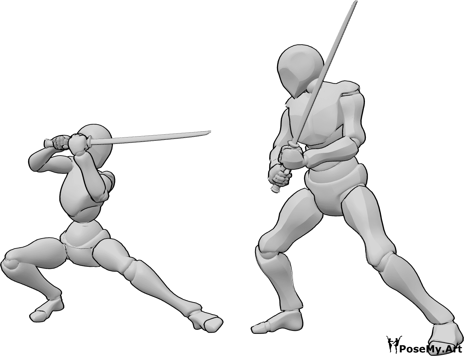 Référence des poses- Femme homme katana pose d'attaque - Une femme et un homme se battent, attaquent avec des katanas, pose d'attaque à l'épée katana