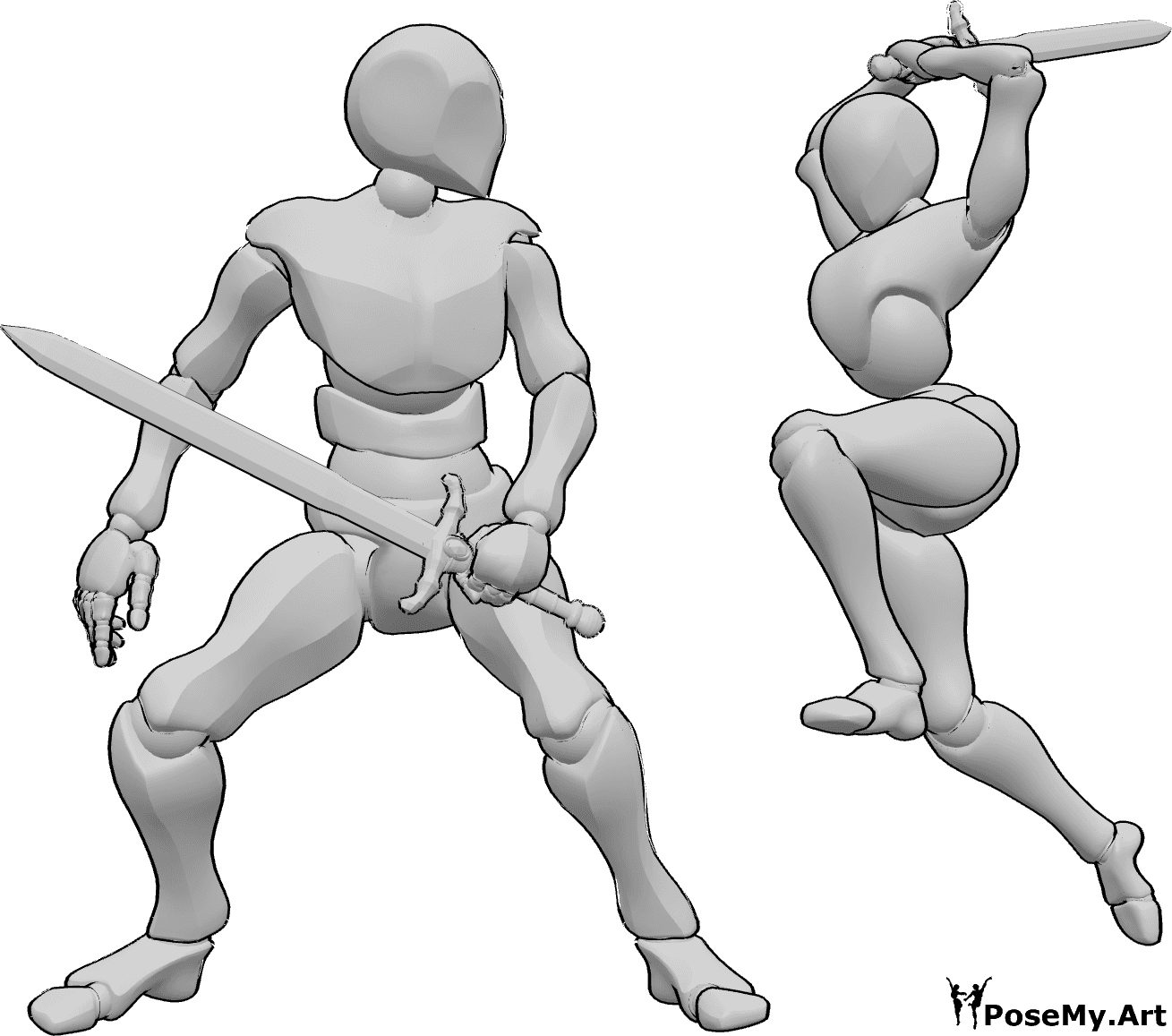 Référence des poses- L'épée derrière la pose d'attaque - Une femme et un homme se battent avec des épées, la femme attaque l'homme par derrière.