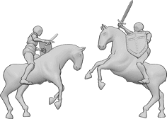 Référence des poses- Combat médiéval à l'épée - Deux hommes se battent à cheval avec des épées, tenant des épées et des boucliers médiévaux.