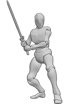 Pose Reference- Male standing holding sword pose - Male is standing, holding a sword with both hands, ready to fight