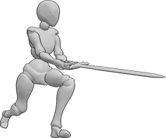 Referência de poses- Pose feminina de espada a correr - Mulher a correr, segurando uma espada com as duas mãos e brandindo-a