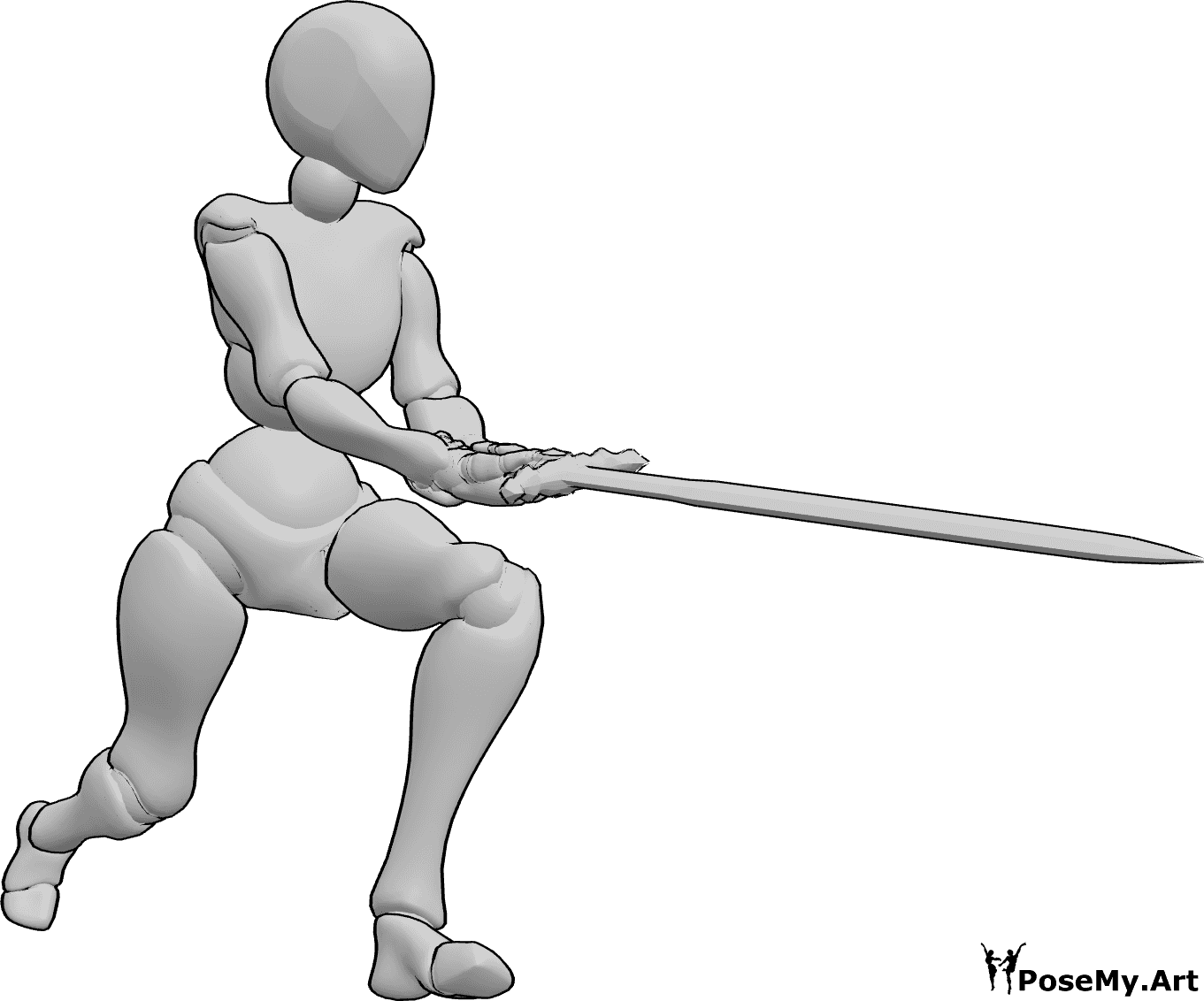 Referência de poses- Pose feminina de espada a correr - Mulher a correr, segurando uma espada com as duas mãos e brandindo-a