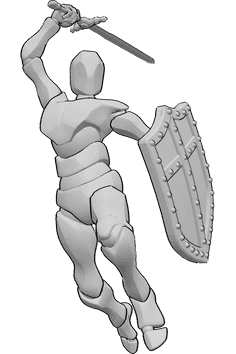 Referencia de poses- Postura masculina de lucha medieval - Varón corriendo, sosteniendo un escudo medieval y blandiendo su espada hacia atrás para atacar