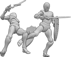 Pose Reference- Sword fighting pose - Two males are fighting, holding medieval shields and swords, one is kicking the other