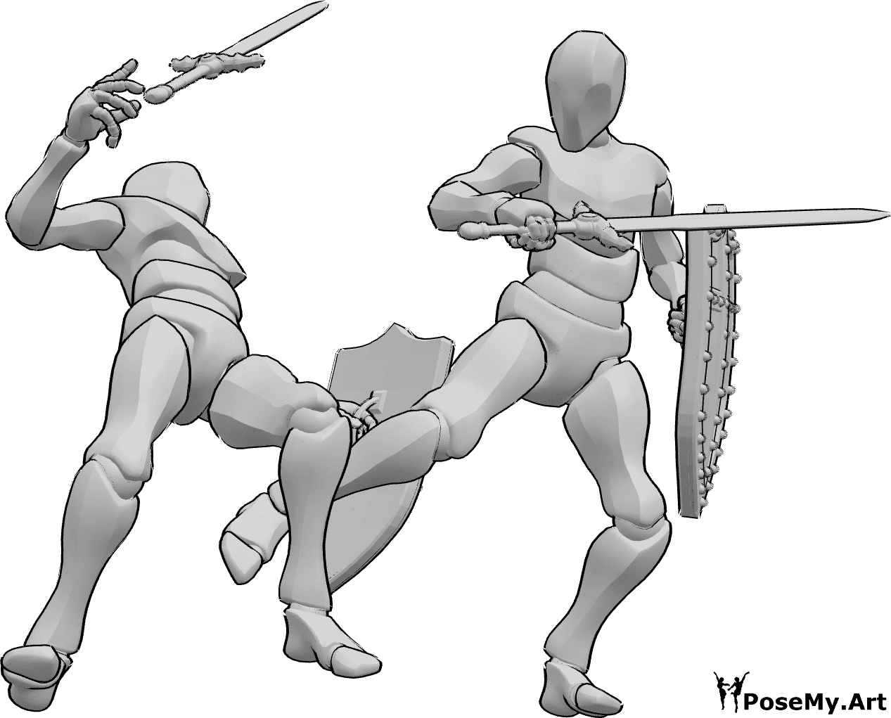 Pose Reference- Sword fighting pose - Two males are fighting, holding medieval shields and swords, one is kicking the other