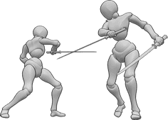 Pose Reference- Female sword fighting pose - Two females are fighting with katanas, female katana sword fighting pose