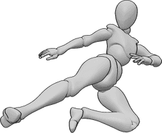 Referencia de poses- Postura de patada lateral femenina - Mujer saltando y dando patadas laterales en el aire, pose femenina dinámica