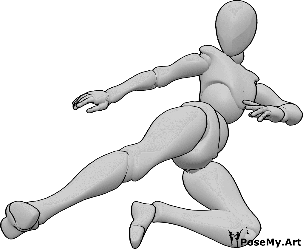 Referencia de poses- Postura de patada lateral femenina - Mujer saltando y dando patadas laterales en el aire, pose femenina dinámica