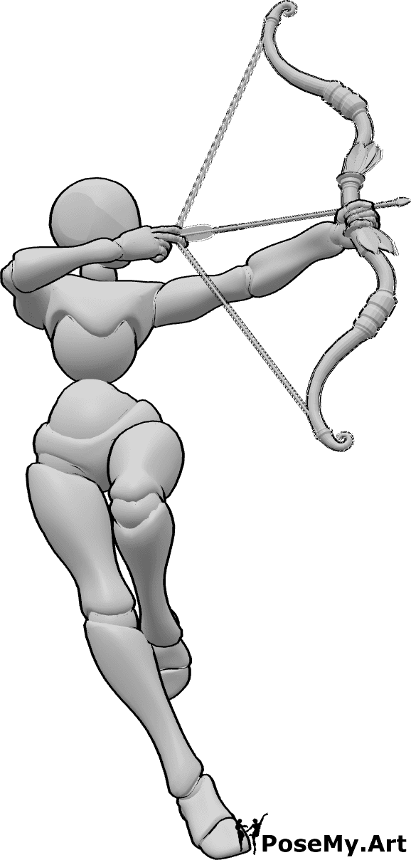 Référence des poses- Pose de l'arc féminin - Femme sautant et visant avec un arc, pose de femme sautant, pose de femme dynamique