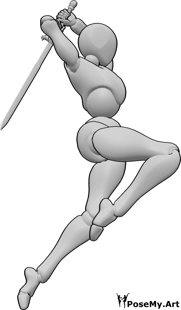 Référence des poses- Pose de l'épée féminine - La femme saute, balançant son épée vers l'arrière pour attaquer, pose féminine dynamique.