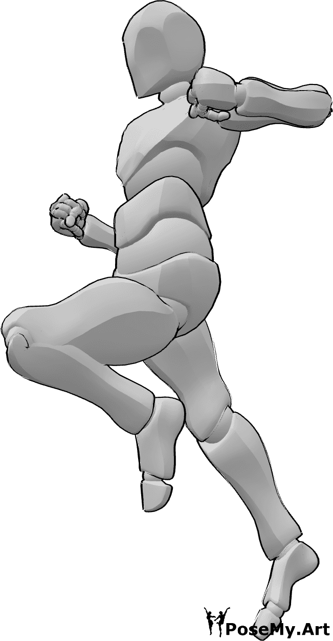 Referência de poses- Pose masculina de soco no ar - Macho salta para o ar e faz pose de soco