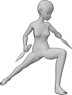 Referencia de poses- Postura de lucha anime - Anime femenino en postura de lucha sosteniendo kunai en sus manos, pose lista para atacar.