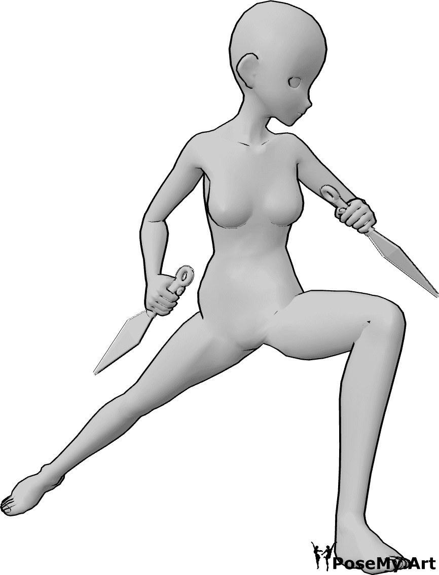 Referência de poses- Pose de luta de anime - Anime feminino em posição de combate com kunai nas mãos, pronta a atacar