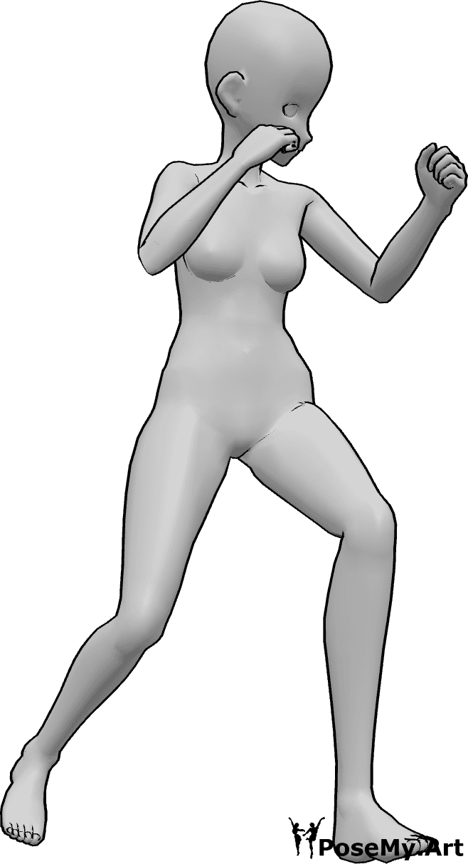 Pose Reference- Female boxing stance pose - Anime female is standing in boxing stance, clenching her fists, anime female boxing pose