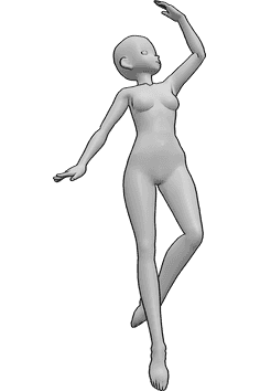 Referência de poses- Pose de dança dinâmica de anime - Mulher anime a dançar ballet, levantando a mão esquerda, pose de mulher anime a dançar