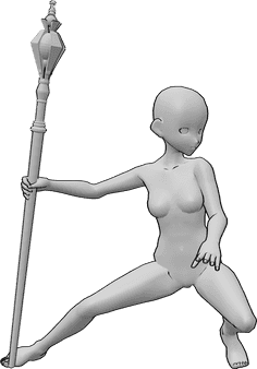 Référence des poses- Anime wizard staff pose - Une femme animée est accroupie, elle tient un bâton de sorcier et regarde vers la gauche.