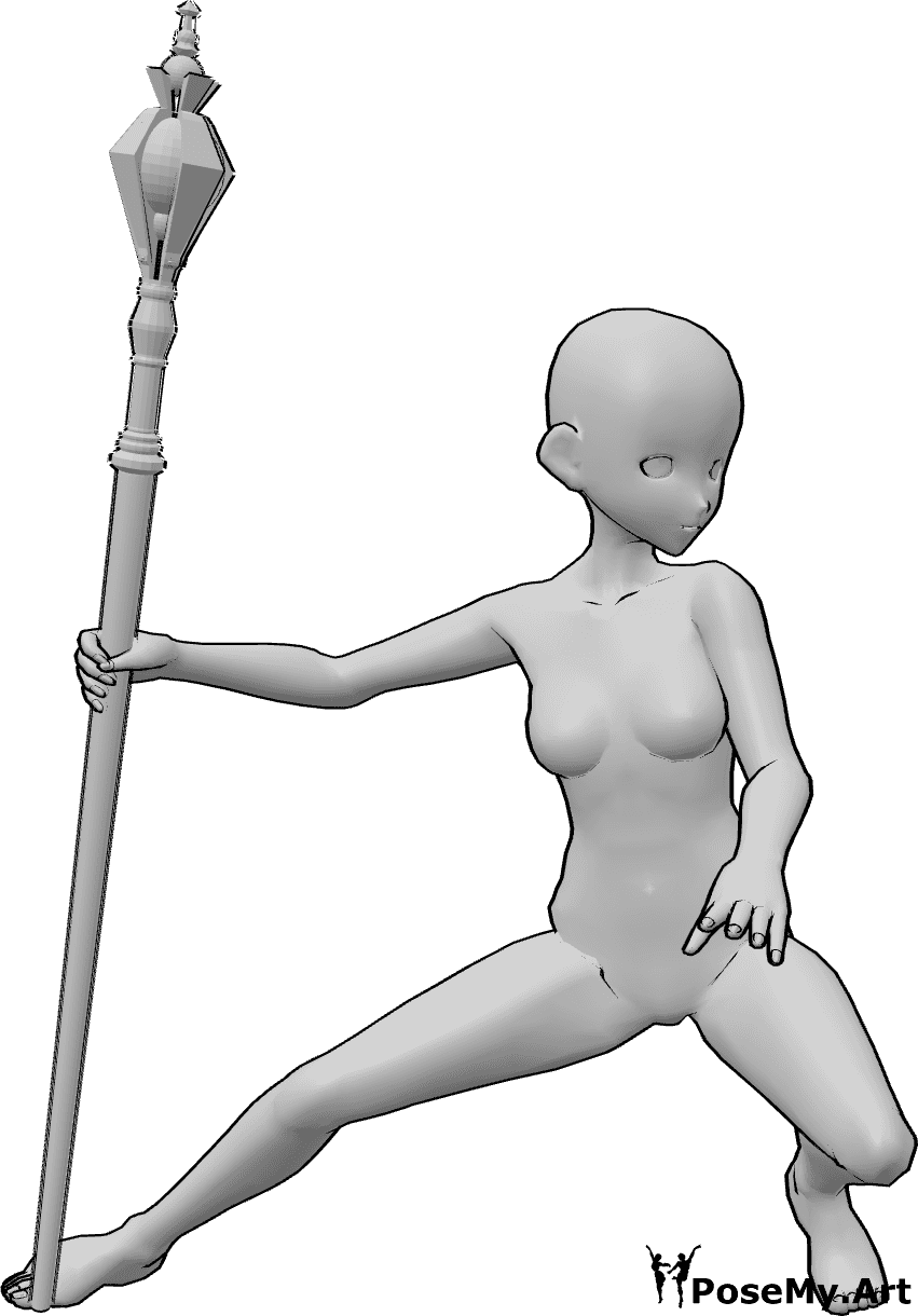 Référence des poses- Anime wizard staff pose - Une femme animée est accroupie, elle tient un bâton de sorcier et regarde vers la gauche.