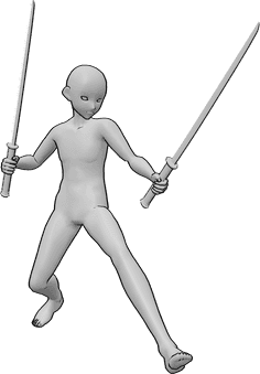 Référence des poses- Pose de la position de combat du Katana - Un homme animé tient des katanas dans ses deux mains et est prêt à se battre.