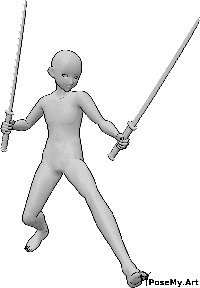 Referência de poses- Pose de luta com katana - Homem anime segura katanas com as duas mãos e está pronto para lutar